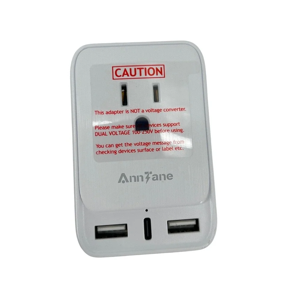 Annfane Universal Travel Adapter with 2 USB-A and 1 USB-C Ports White
